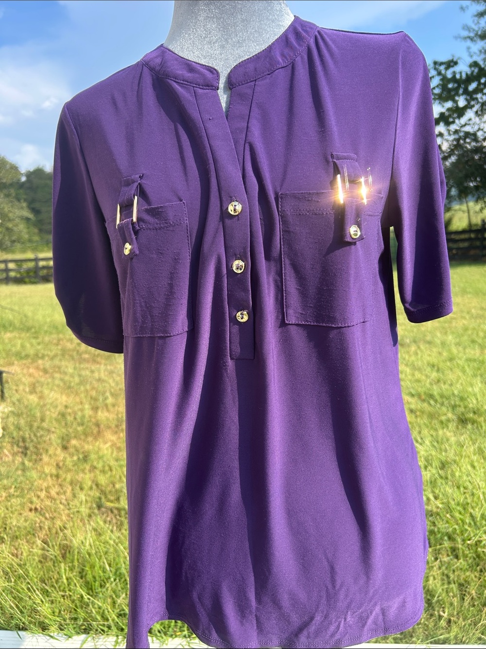 Ladies Purple Short-Sleeve Pocket Henley Top with Gold Buttons